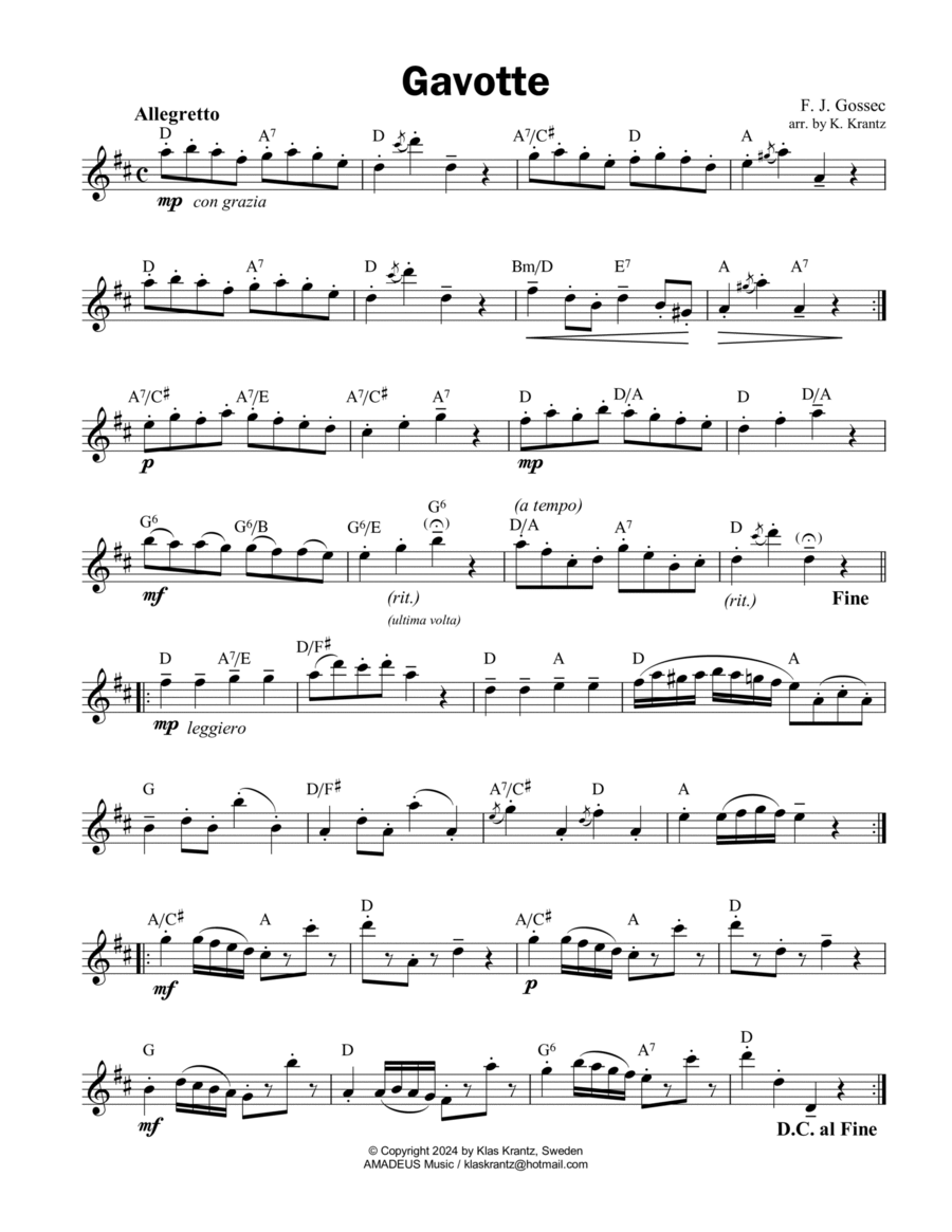 Gavotte by Gossec, lead sheet with guitar chords image number null