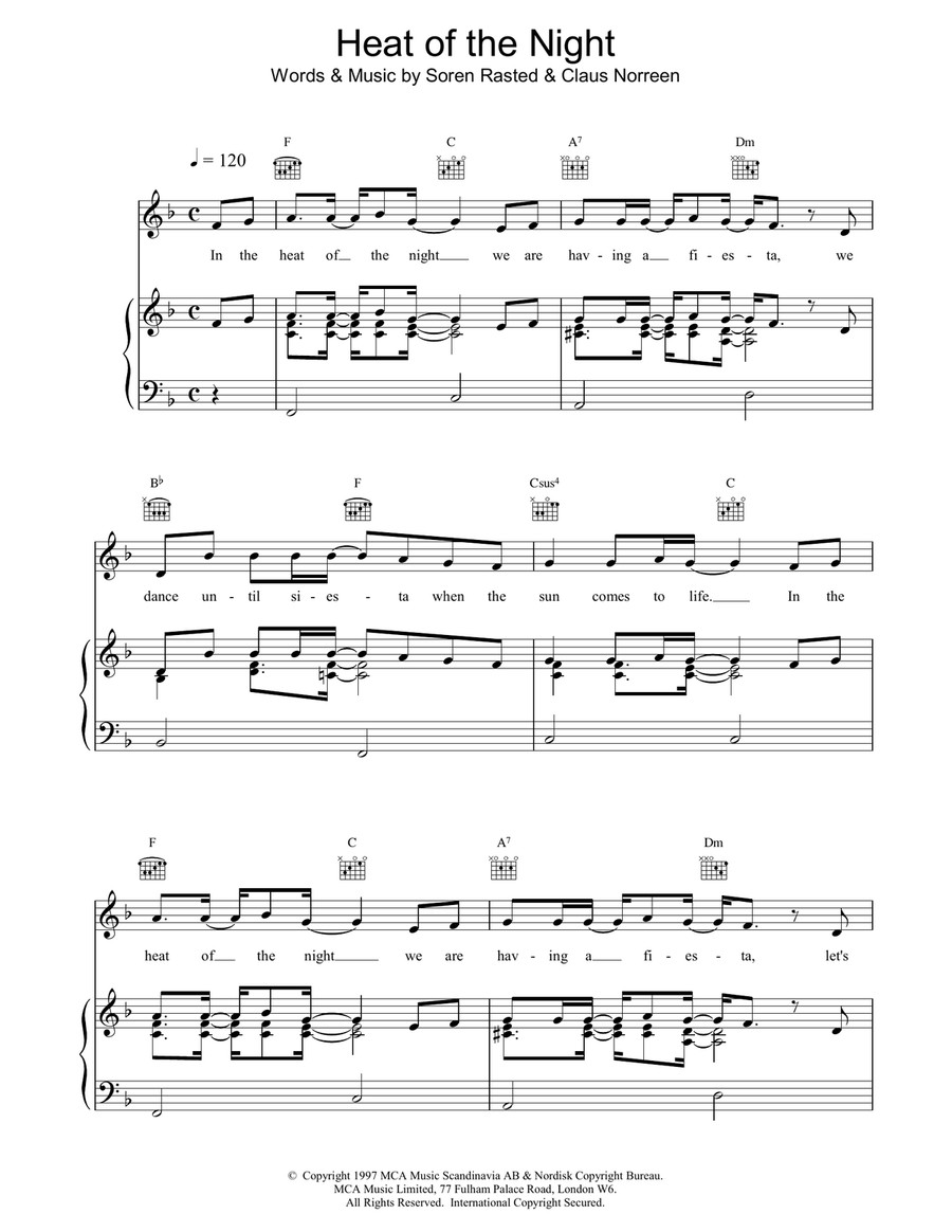 Heat of the Night Heat of the Night Piano, Vocal, Guitar scores gallery preview page 1