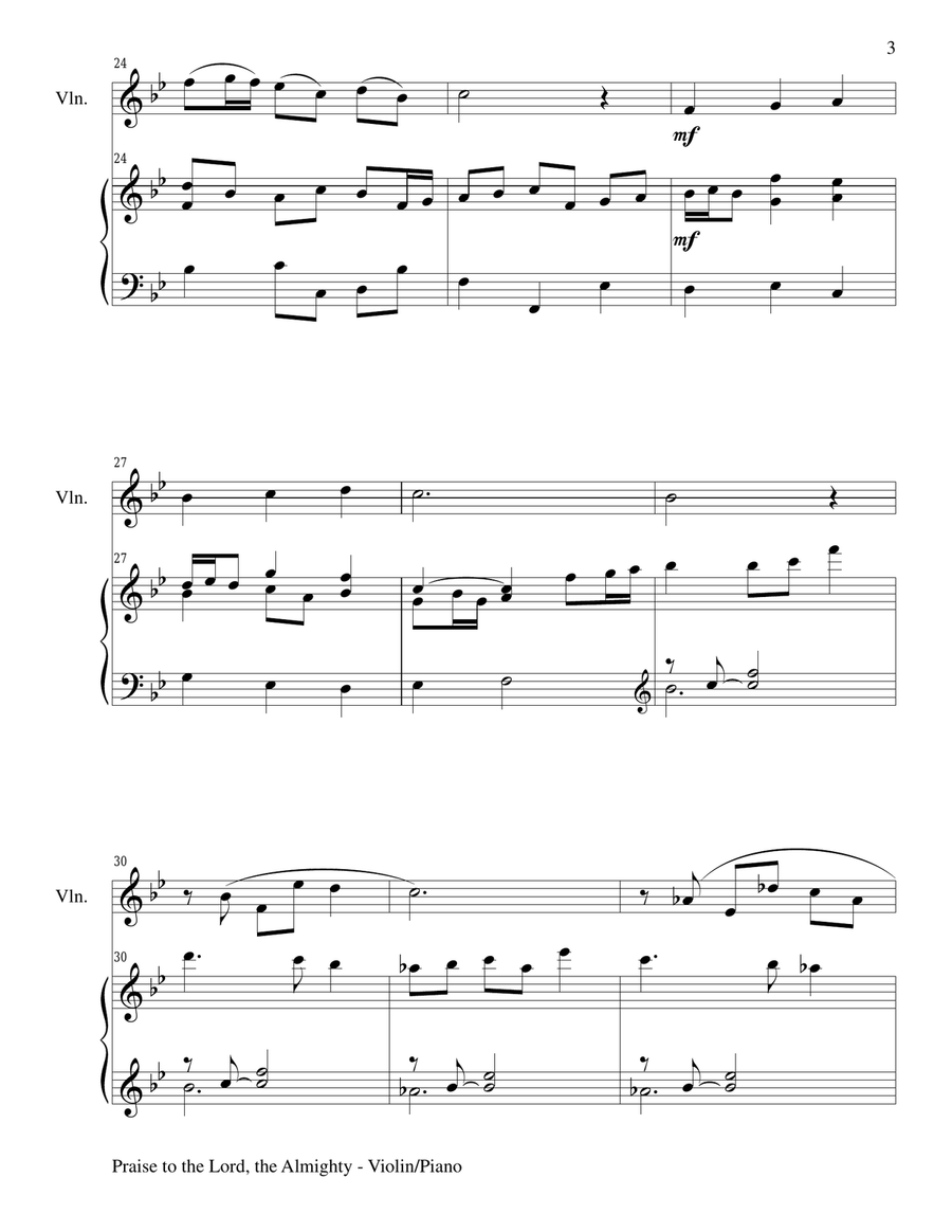 PRAISE TO THE LORD, THE ALMIGHTY (Duet – Violin and Piano/Score and Parts) Violin scores gallery preview page 3