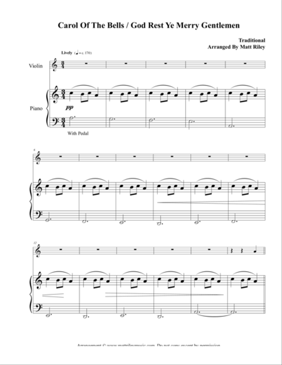 Carol of the Bells / God Rest Ye Merry Gentlemen – Violin Violin Solo scores gallery preview page 1
