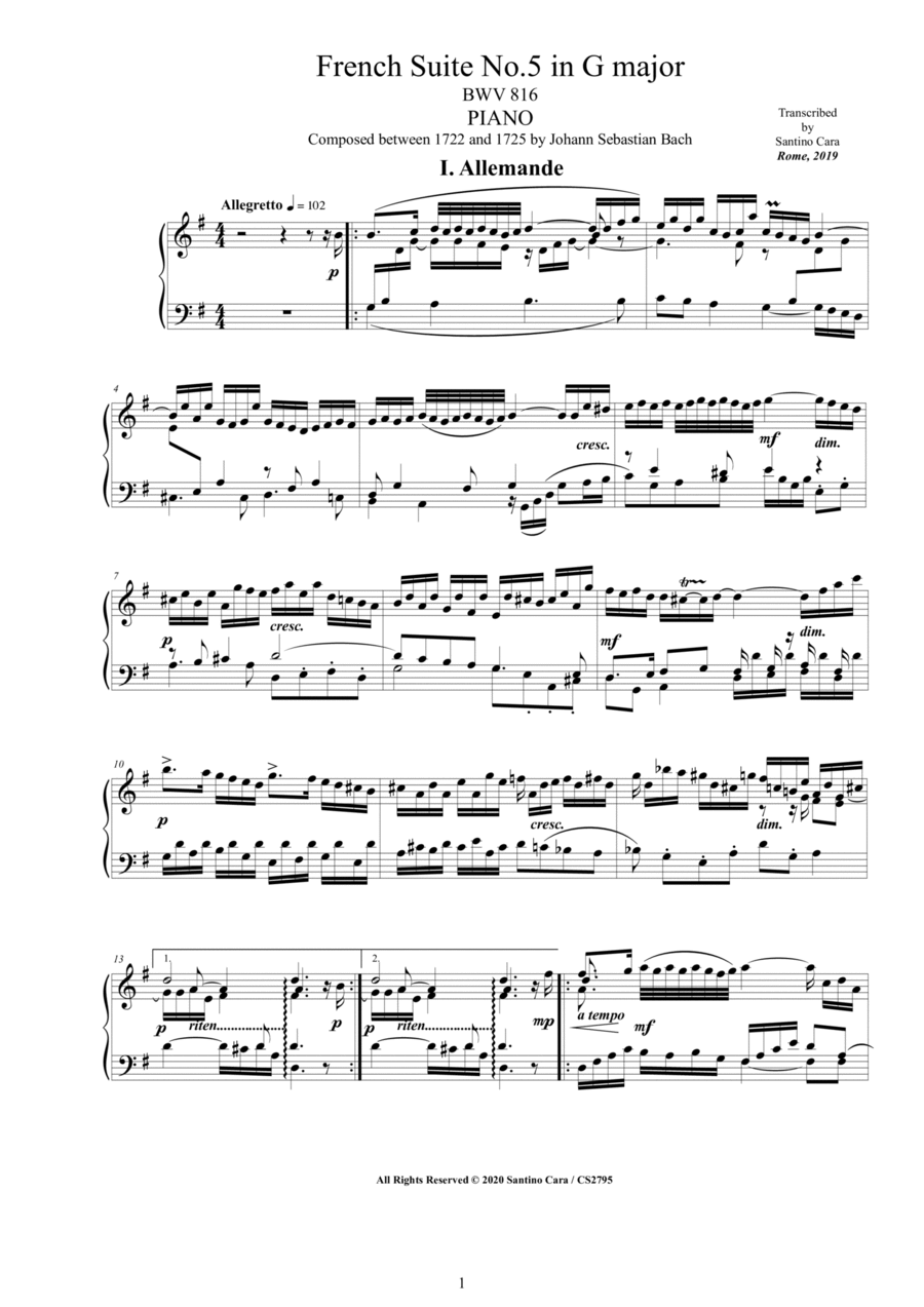 Bach - French Suite No.5 in G major BWV 816 for Piano Piano Solo scores gallery preview page 1