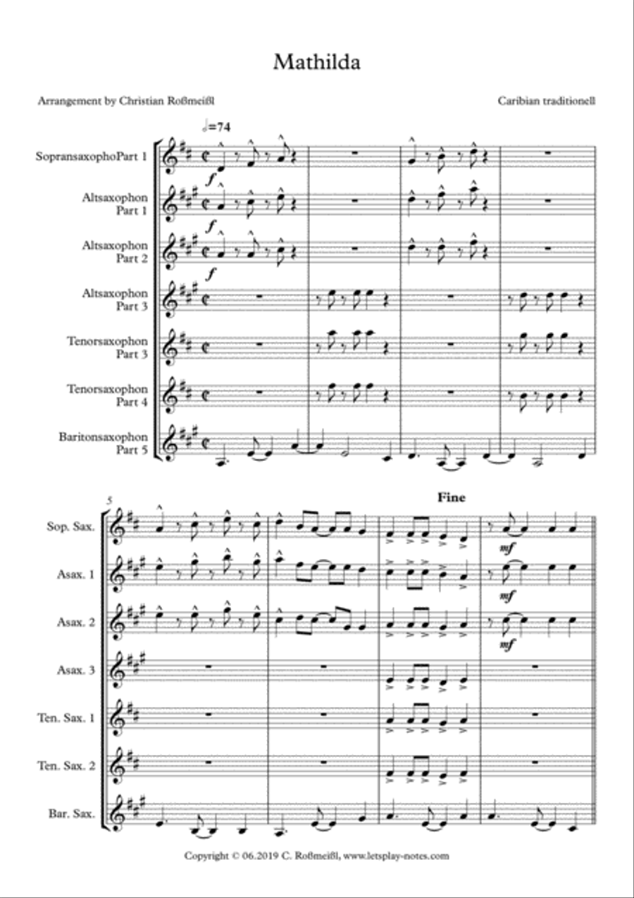 Matilda with 4 or 5 Saxophons Saxophonquartet, Saxophonqunitet Saxophone Quintet scores gallery preview page 2