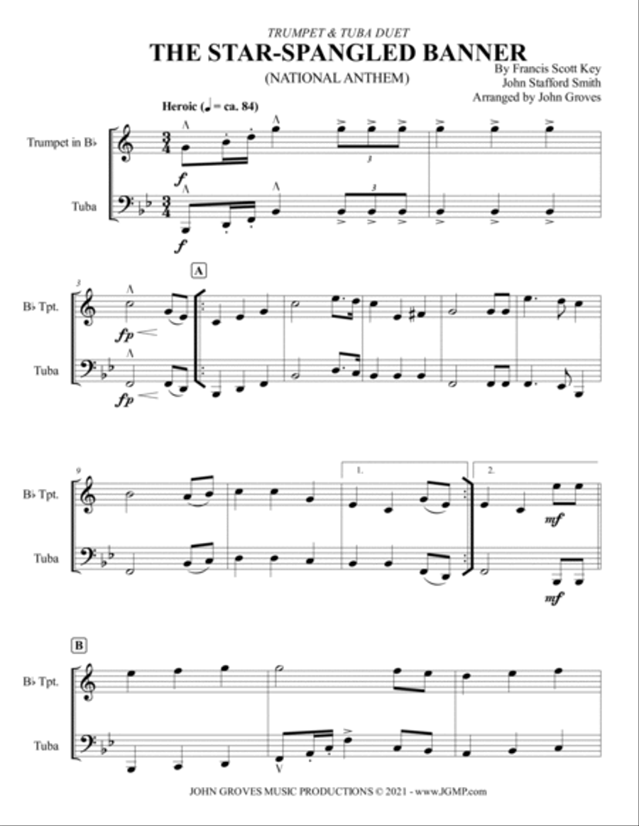 The Star-Spangled Banner (National Anthem) - Trumpet & Tuba Duet Brass Duet scores gallery preview page 2