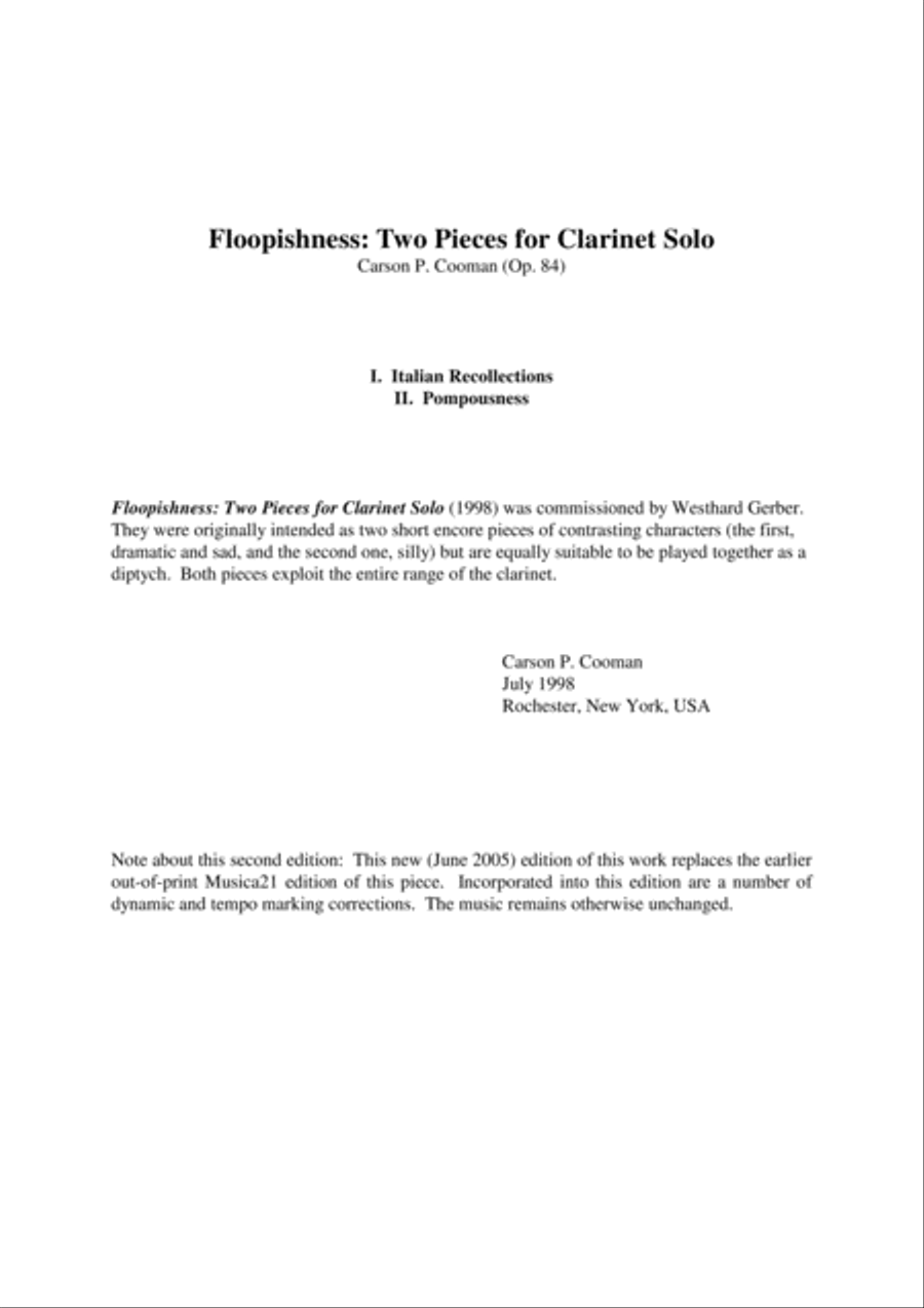Carson Cooman: Floopishness: Two Pieces for Clarinet Solo Clarinet Solo scores gallery preview page 1
