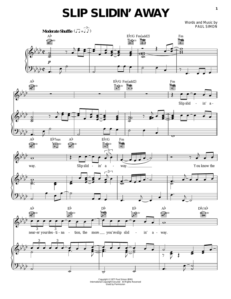 Slip Slidin' Away Slip Slidin' Away Piano, Vocal, Guitar scores gallery preview page 1
