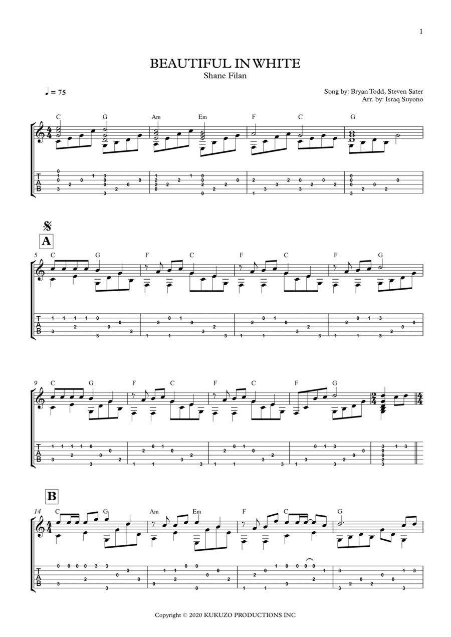Beautiful In White Guitar Tablature scores gallery preview page 1
