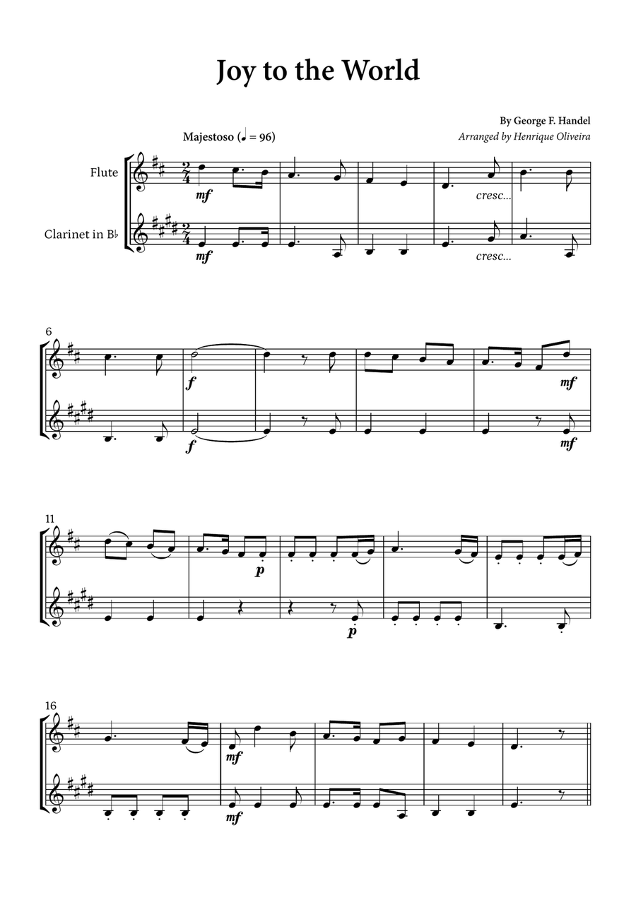 Joy to the World (Flute and Clarinet) - Christmas Carol Woodwind Duet scores gallery preview page 1