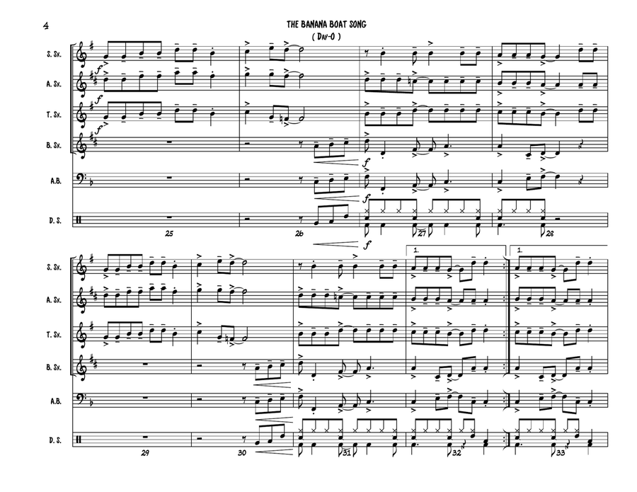 The Banana Boat Song (Day - O) - Sax Quartet (SATB or AATB) Plus Optional Acoustic Bass and Drum Set Saxophone Quartet scores gallery preview page 4