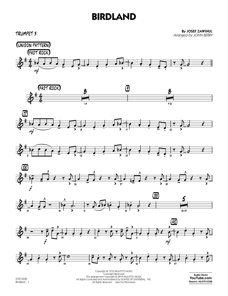 Birdland (arr. John Berry) - Trumpet 3 Trumpet scores gallery preview page 1
