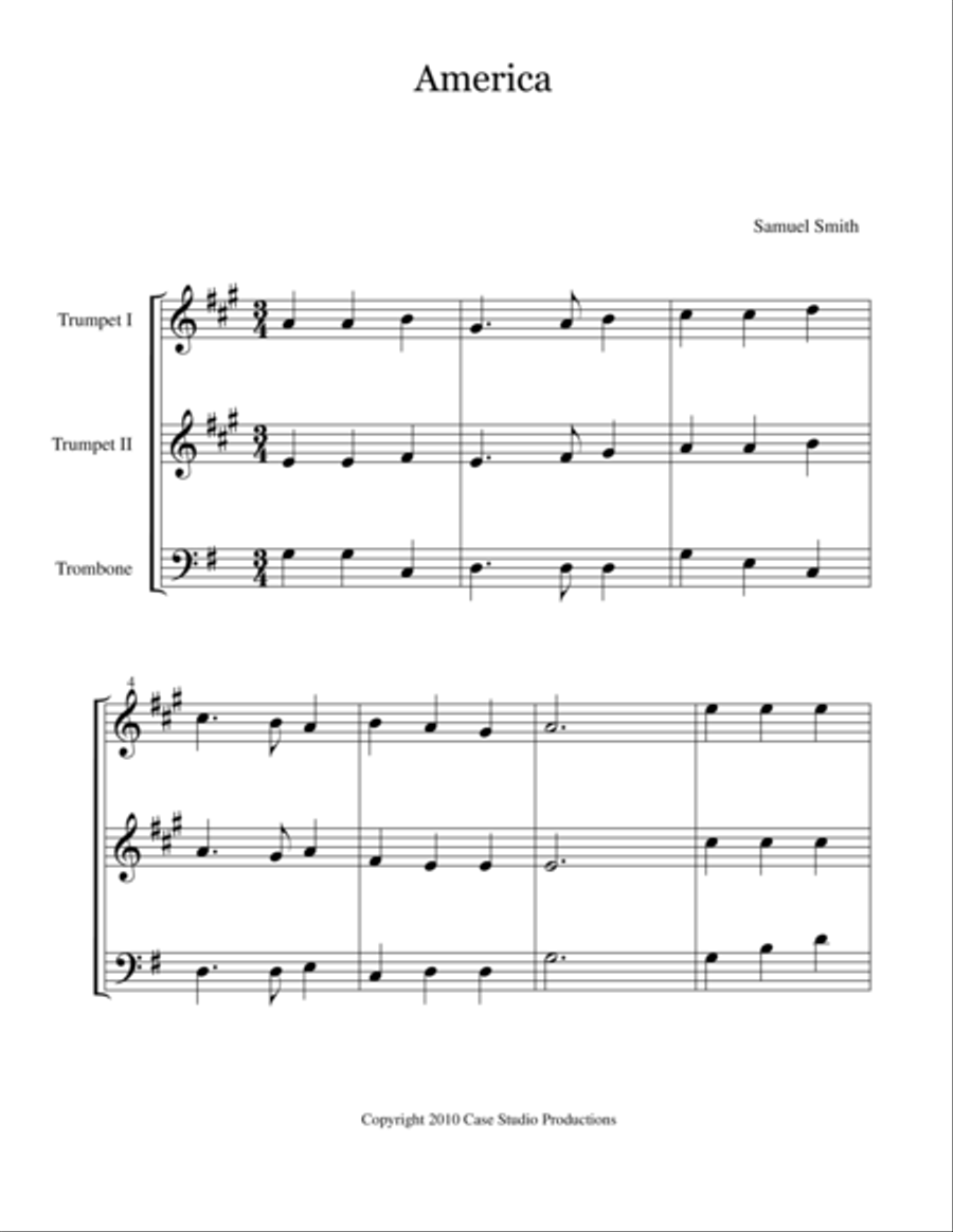 Patriotic Hymns For Brass Trio - 2 Trumpets and Trombone Brass Duet scores gallery preview page 1