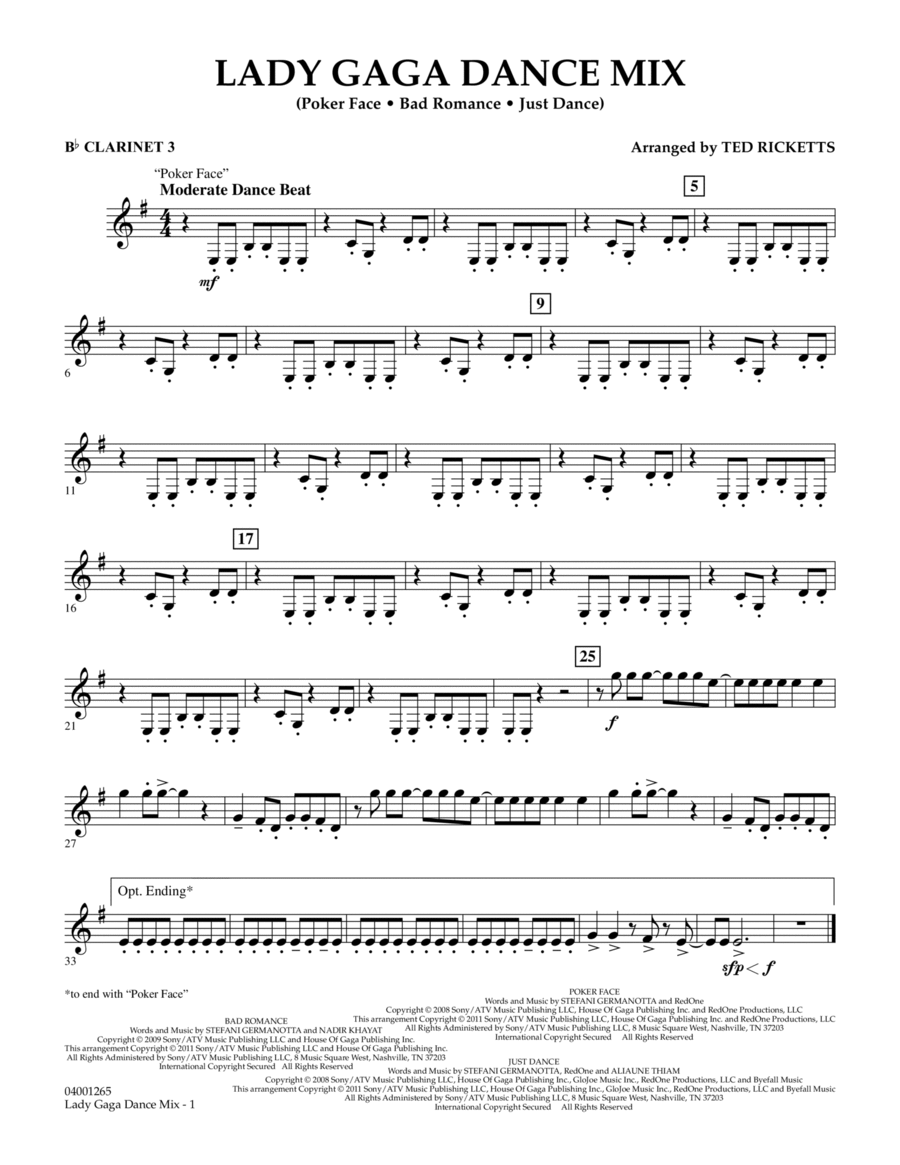 Lady Gaga Dance Mix - Bb Clarinet 3 Concert Band scores gallery preview page 1