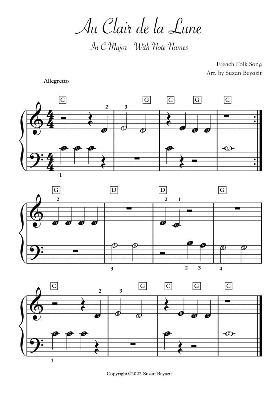 Au Clair de la Lune ( With Note Names) Easy Piano scores gallery preview page 1