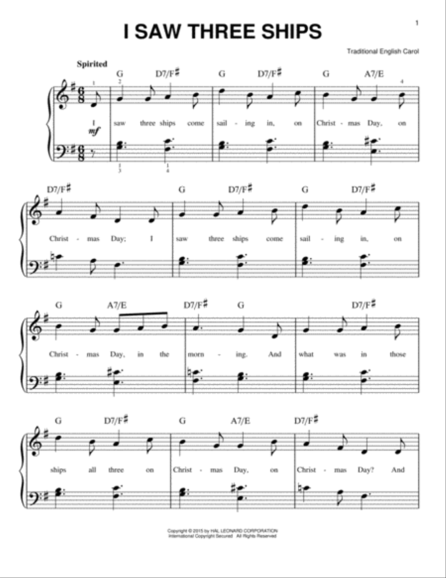 I Saw Three Ships Easy Piano scores gallery preview page 1
