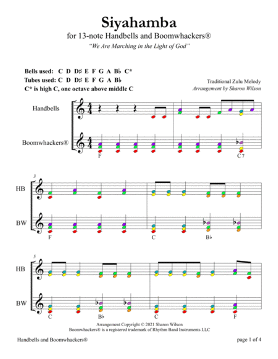 Siyahamba: We Are Marching in the Light of God (for 13-note Color Coded Bells and Boomwhackers) Handbell Choir scores gallery preview page 6
