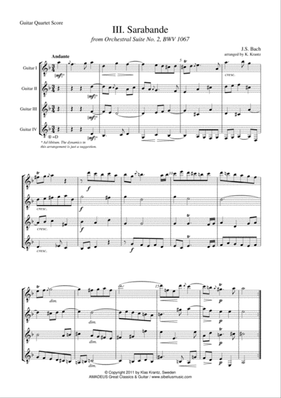 Sarabande Suite 2 BWV 1067 for guitar quartet Guitar Ensemble scores gallery preview page 1