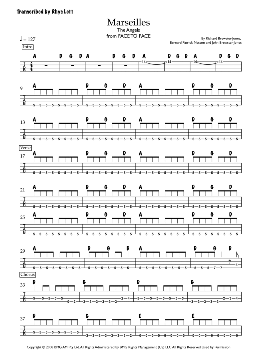 Marseilles Bass Guitar Tablature scores gallery preview page 1