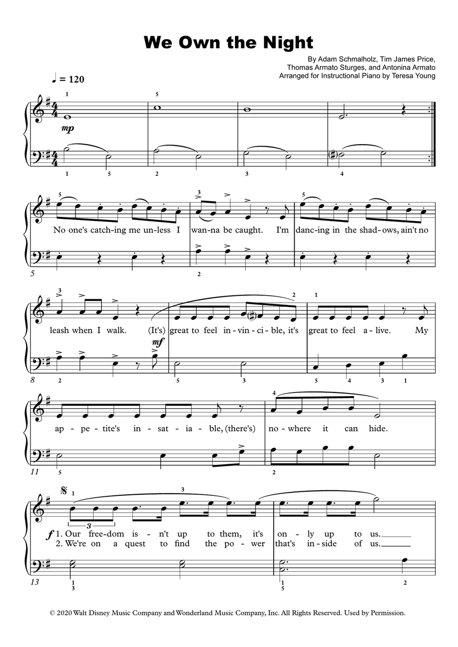 We Own The Night Piano Method scores gallery preview page 1