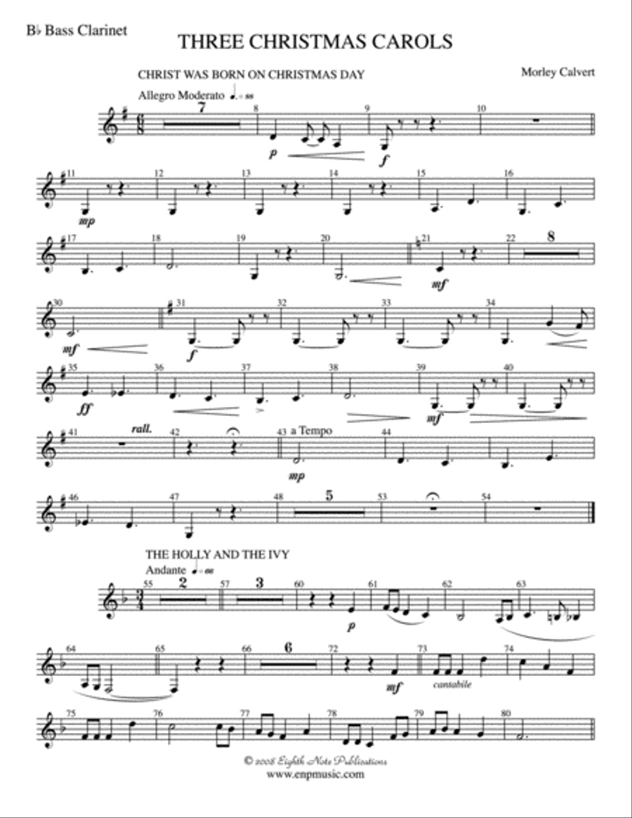 Three Christmas Carols: B-flat Bass Clarinet Concert Band scores gallery preview page 1