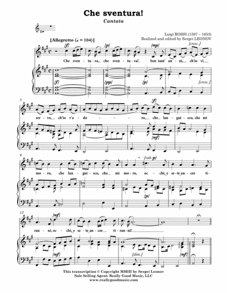 ROSSI Luigi: Che sventura!, cantata for Voice (Alto/Baritone) and Piano (A major)