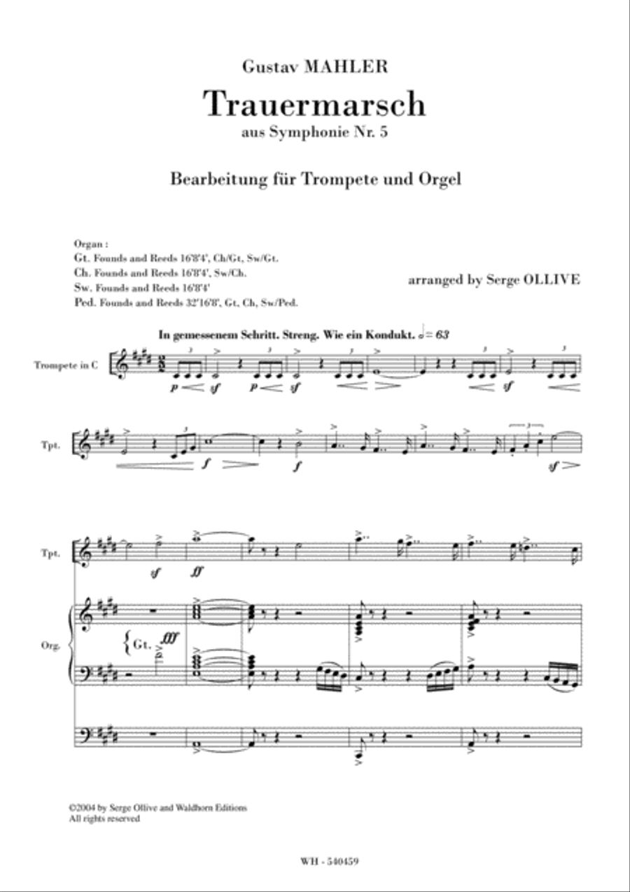 MAHLER / OLLIVE - FUNERAL MARCH from Symphony No.5 Trumpet Duet scores gallery preview page 1