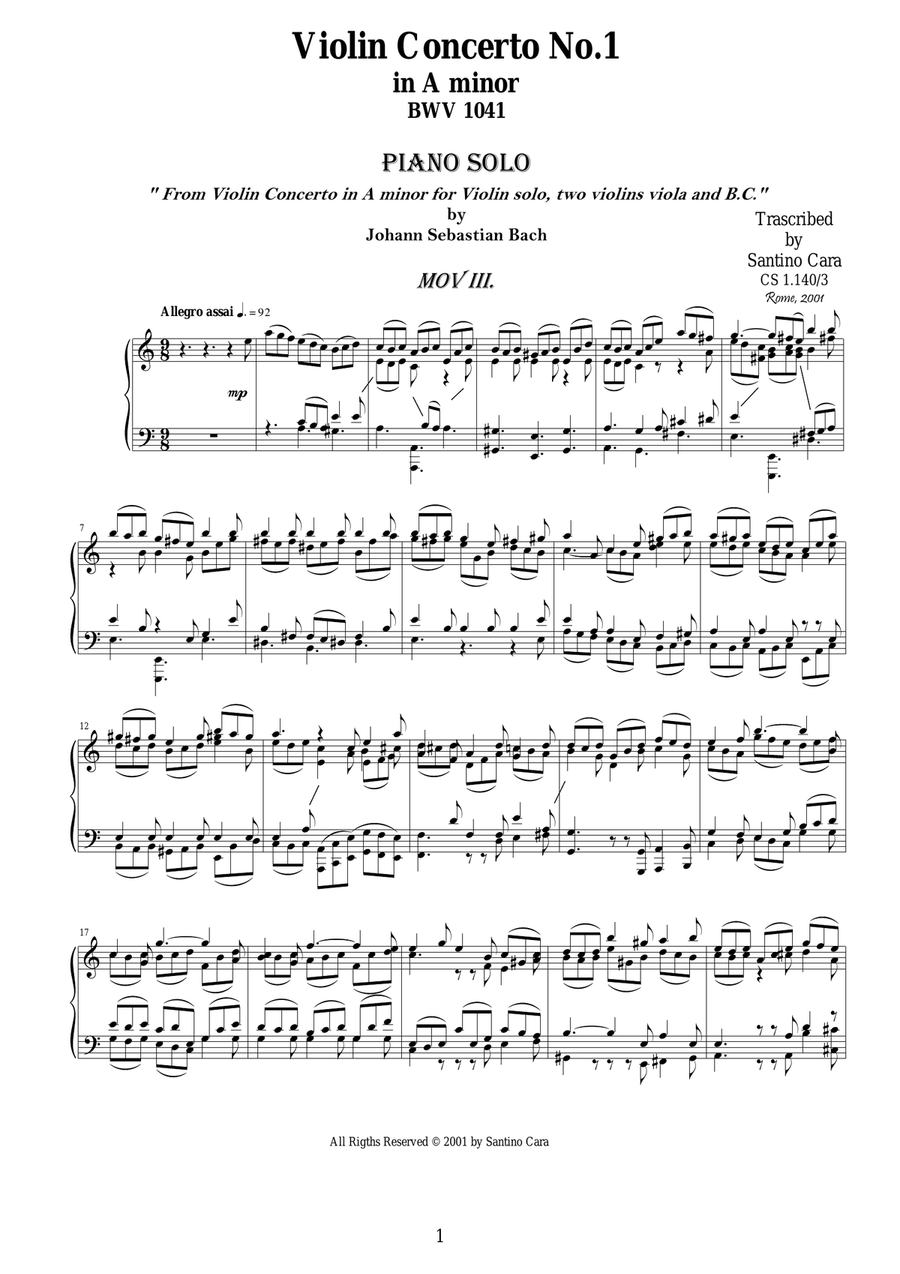 JS Bach Violin Concerto BWV 1041-3_Allegro assai-Piano solo Piano Solo scores gallery preview page 1