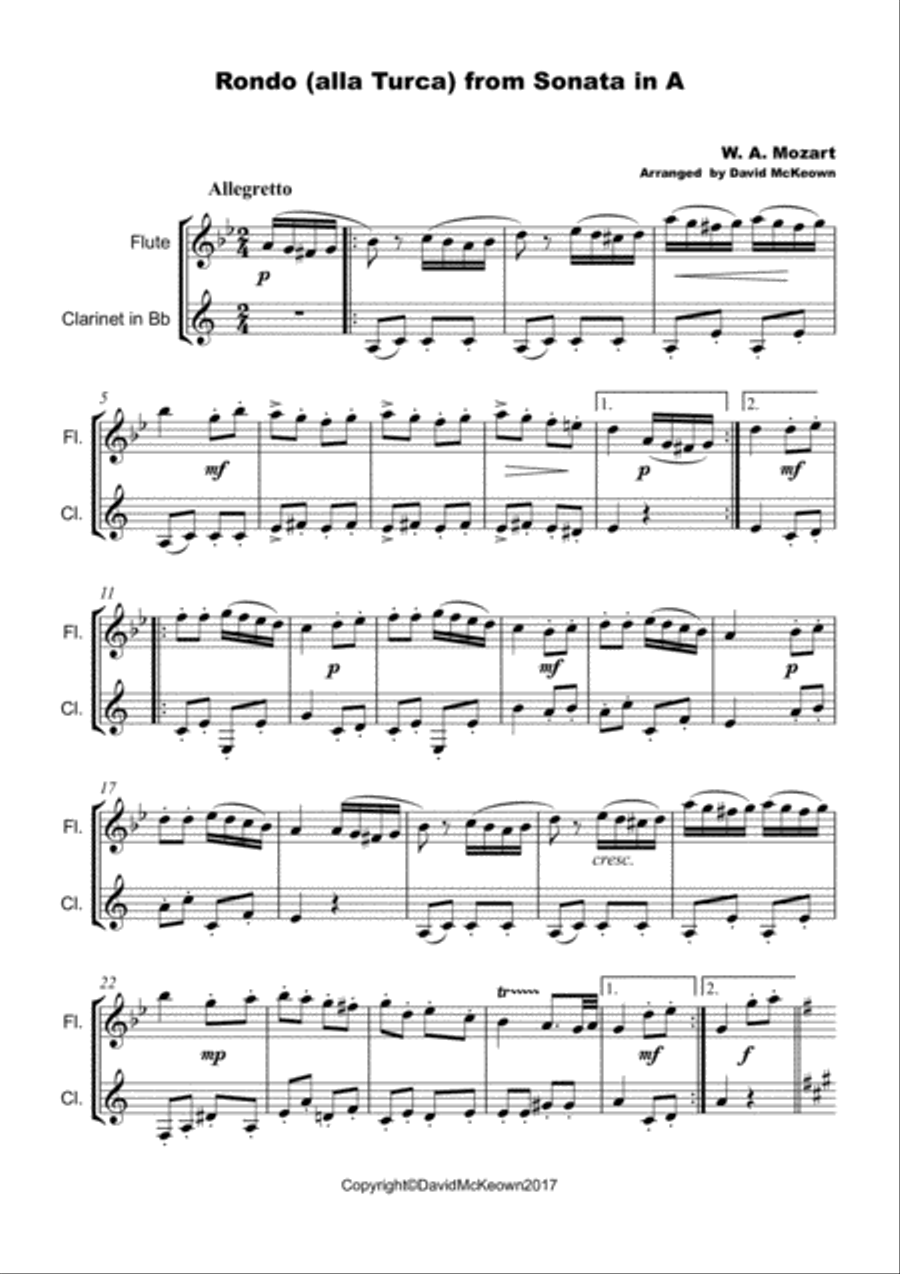 Rondo Alla Turca, W A Mozart, Flute and Clarinet Duet. Woodwind Duet scores gallery preview page 2
