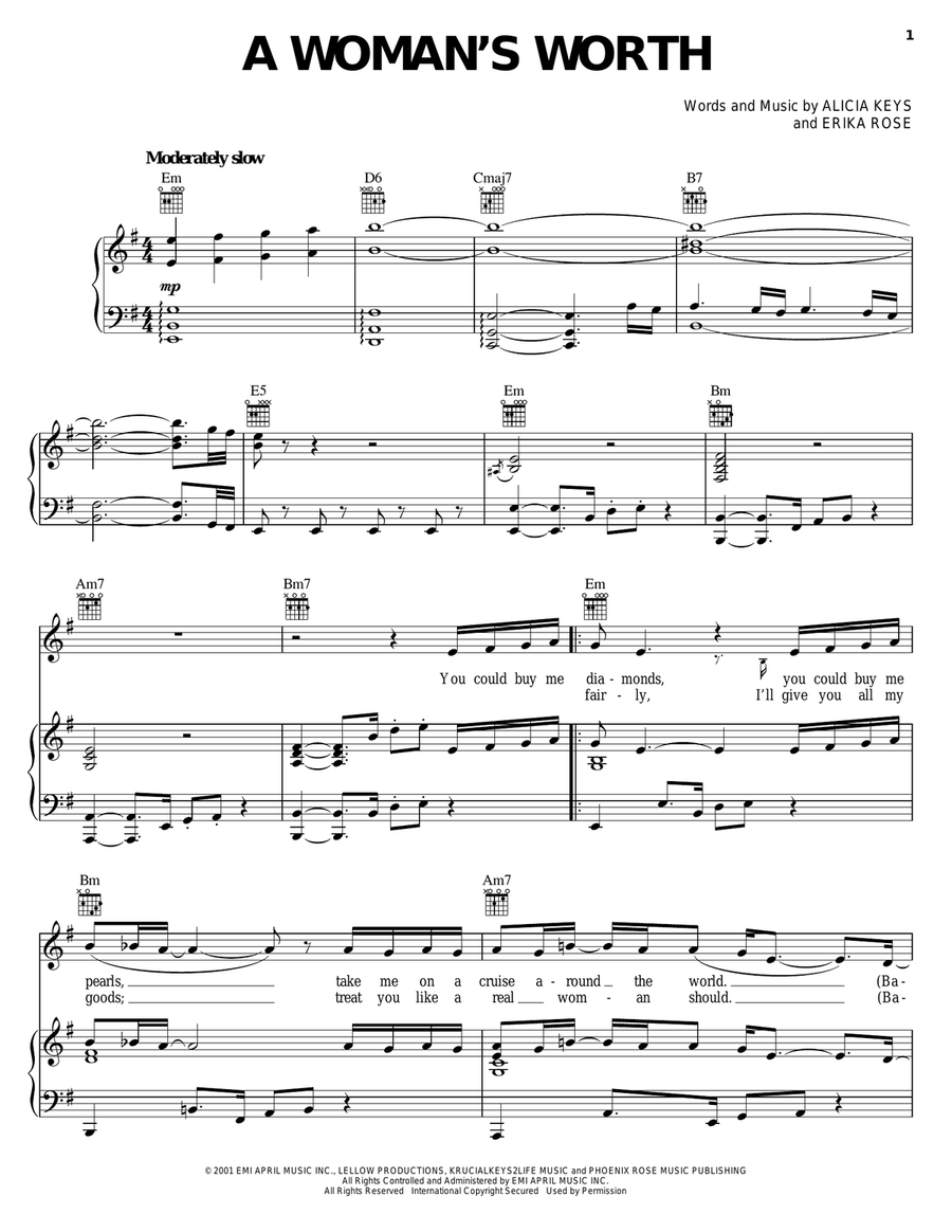 A Woman's Worth Piano, Vocal, Guitar scores gallery preview page 1