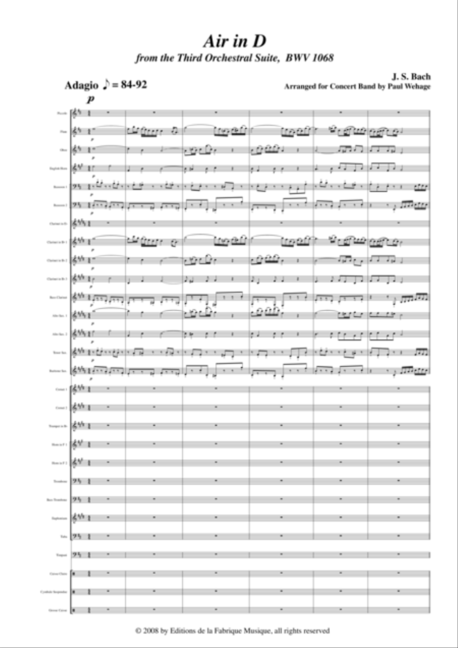 Johann Sebastian Bach/Wehage, Air in D from the Third orchestral suite, BWV 1068 arranged for concer Concert Band scores gallery preview page 2