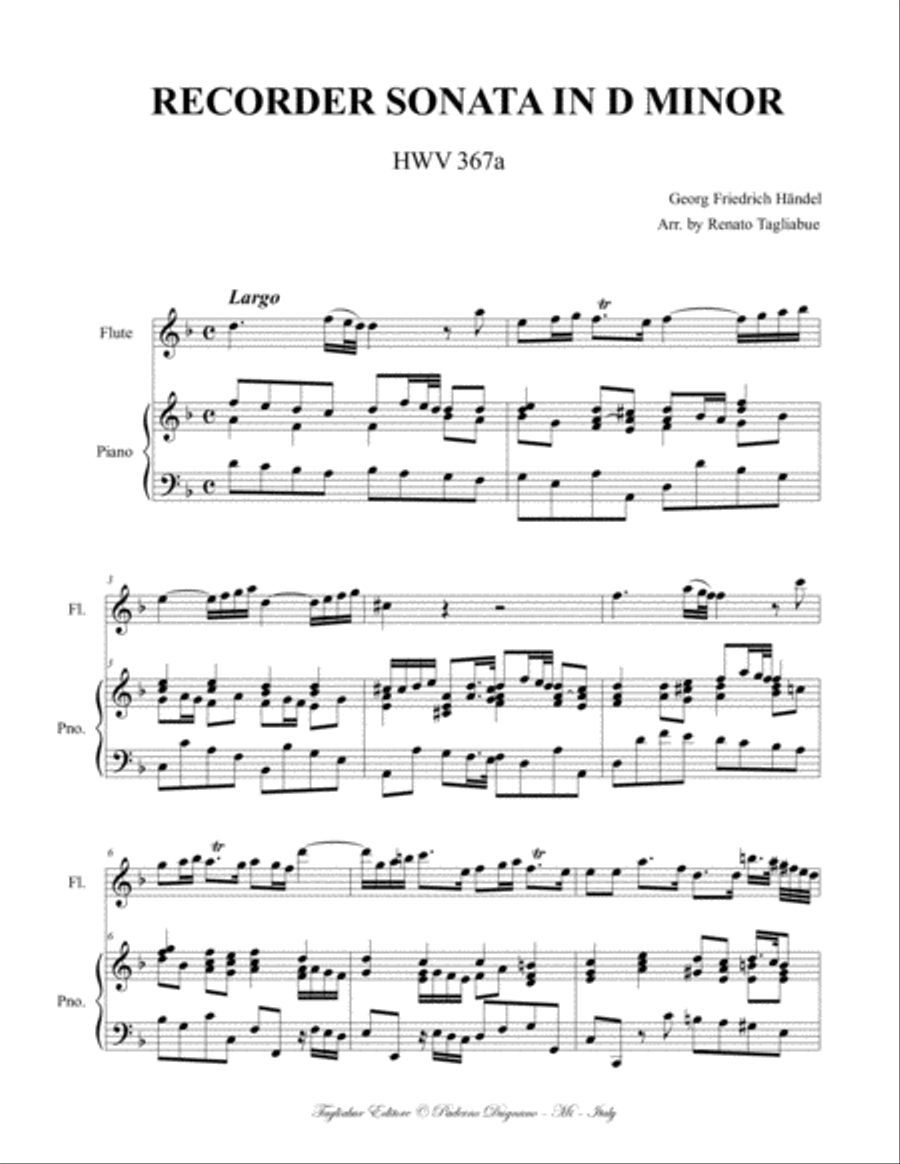 LARGO from Recorder Sonata in D minor - HWV 367a - Arr. for Flute (or any instr. in C) and. Piano image number null