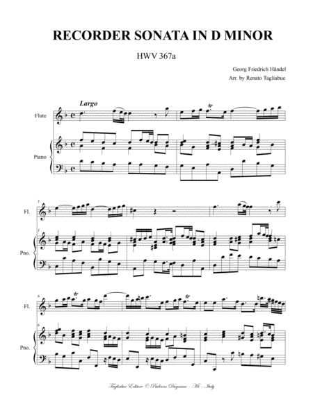 LARGO from Recorder Sonata in D minor - HWV 367a - Arr. for Flute (or any instr. in C) and. Piano image number null
