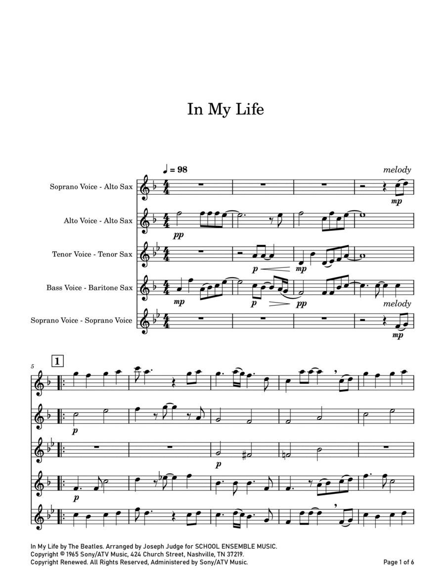 In My Life Saxophone Quartet scores gallery preview page 1