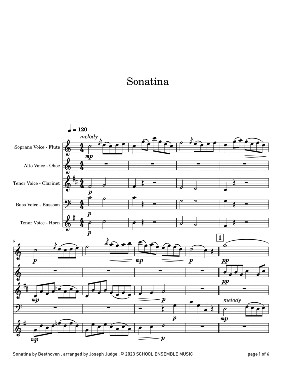 Sonatina by Beethoven for Woodwind Quartet in Schools Woodwind Quartet scores gallery preview page 1
