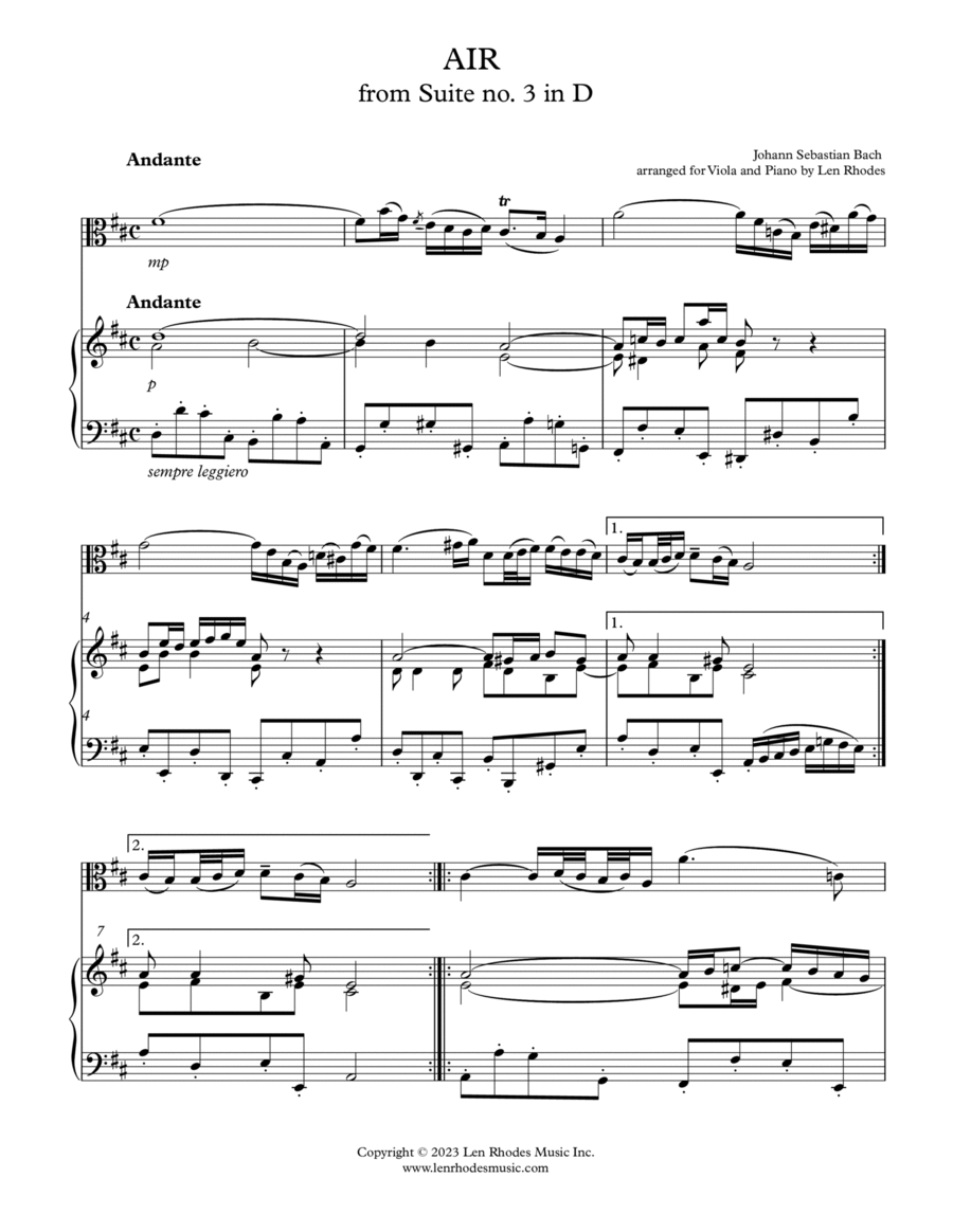 Bach - 'Air' from Suite no. 3 in D, for Viola and Piano Piano scores gallery preview page 1