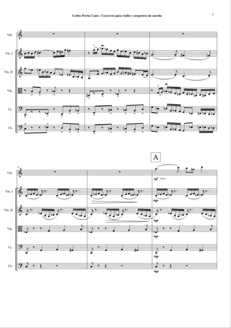 Carlos Perón Cano: Concierto para violin y orquestra de cuerda (Concerto for violin and string orche String Orchestra scores gallery preview page 3