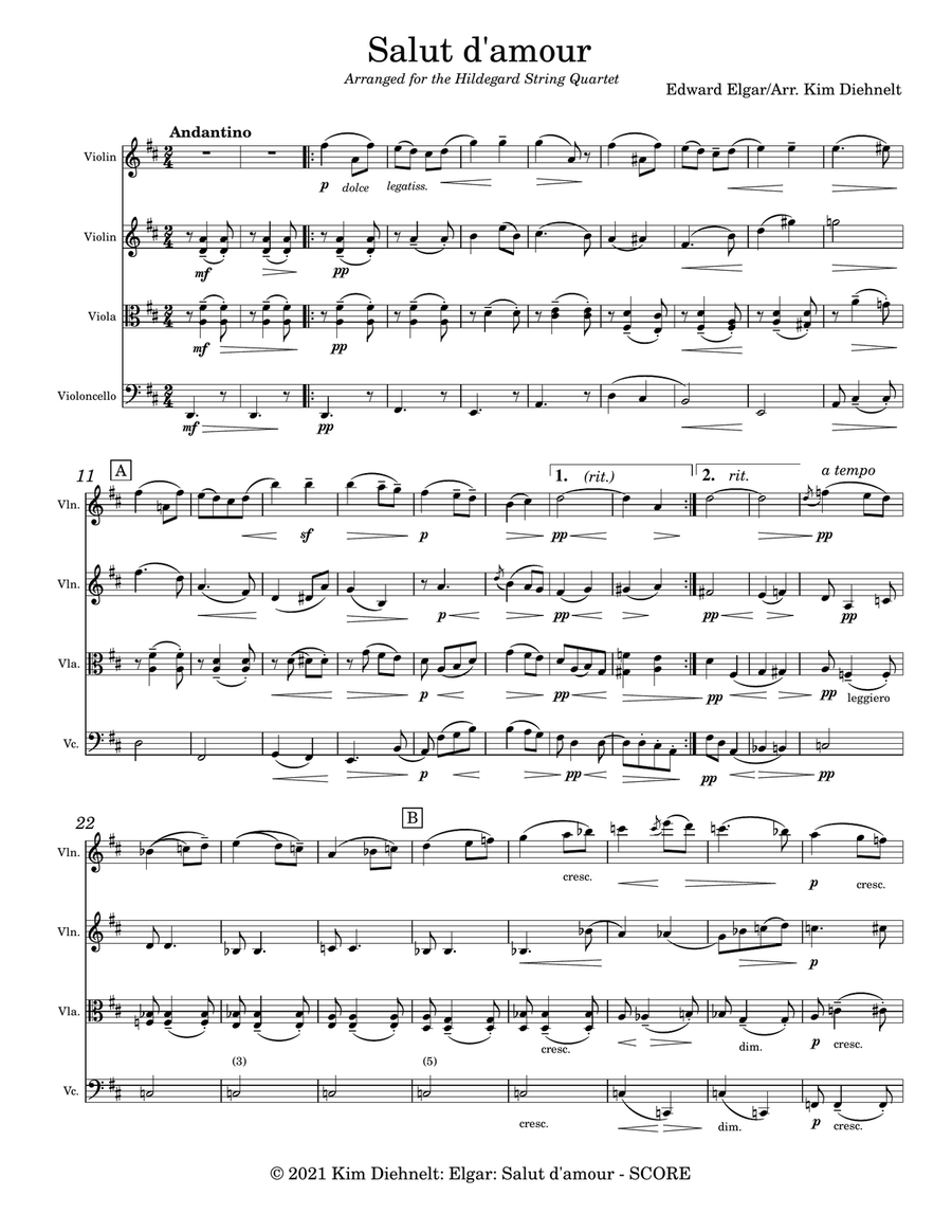Elgar: Salut d’amour (Arr. Diehnelt, for String Quartet) String Quartet scores gallery preview page 2