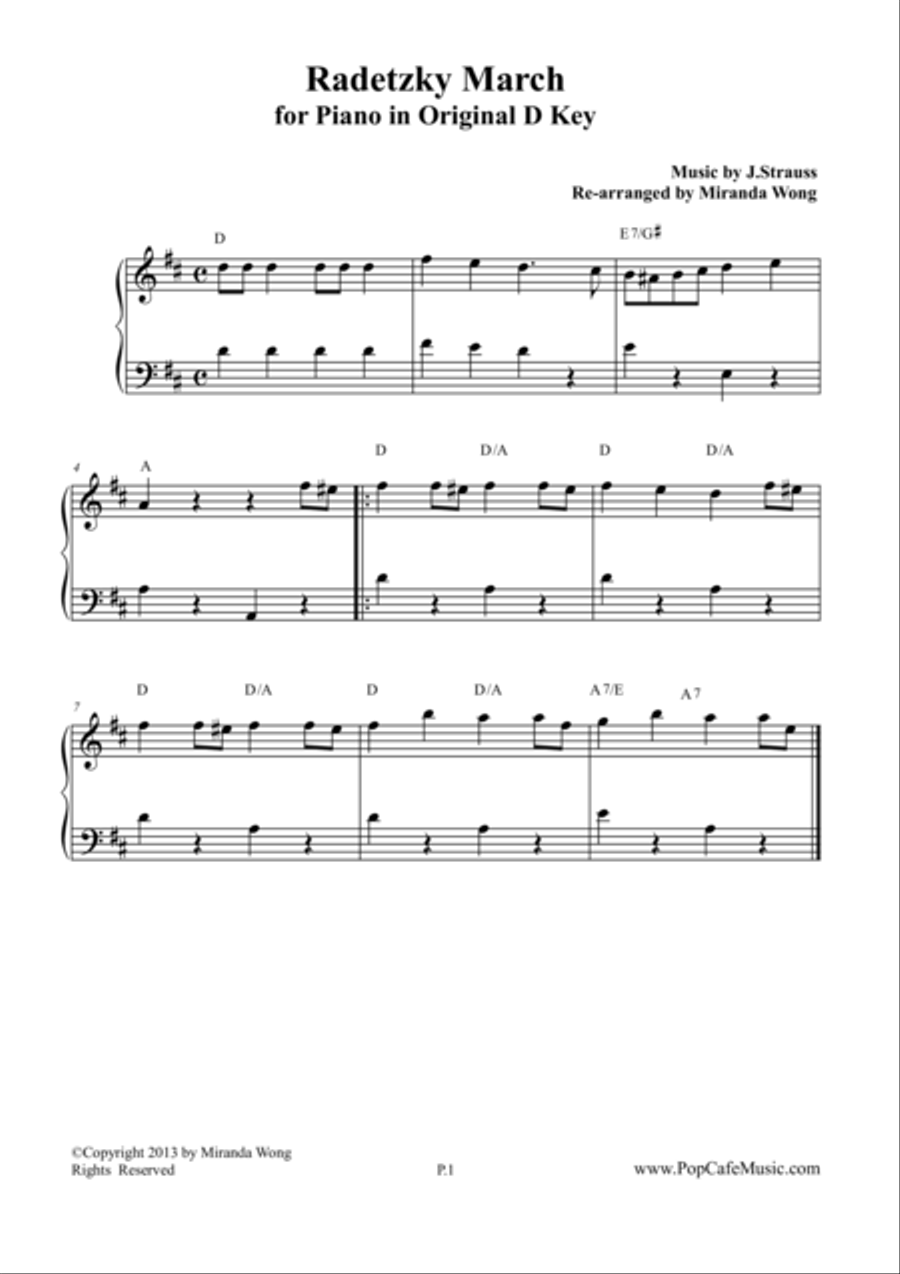 Radetzky March in Original D Key - Piano Solo 4-Part scores gallery preview page 1