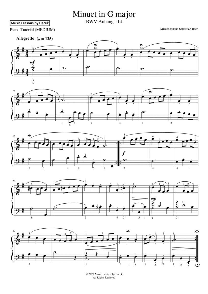 Minuet in G major (MEDIUM PIANO) BWV Anhang 114 [Johann Sebastian Bach] image number null