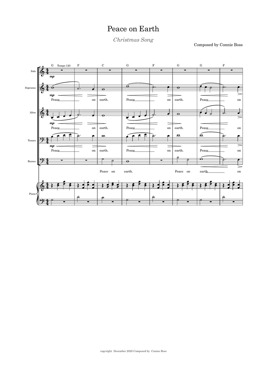 Peace on Earth - Christmas Song - SATB and piano 4-Part scores gallery preview page 1