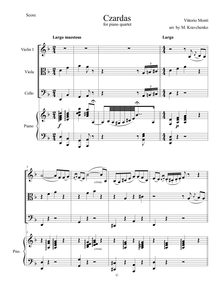 Vittorio Monti - Czardas arr. for piano quartet (score and parts) Piano Quartet scores gallery preview page 1