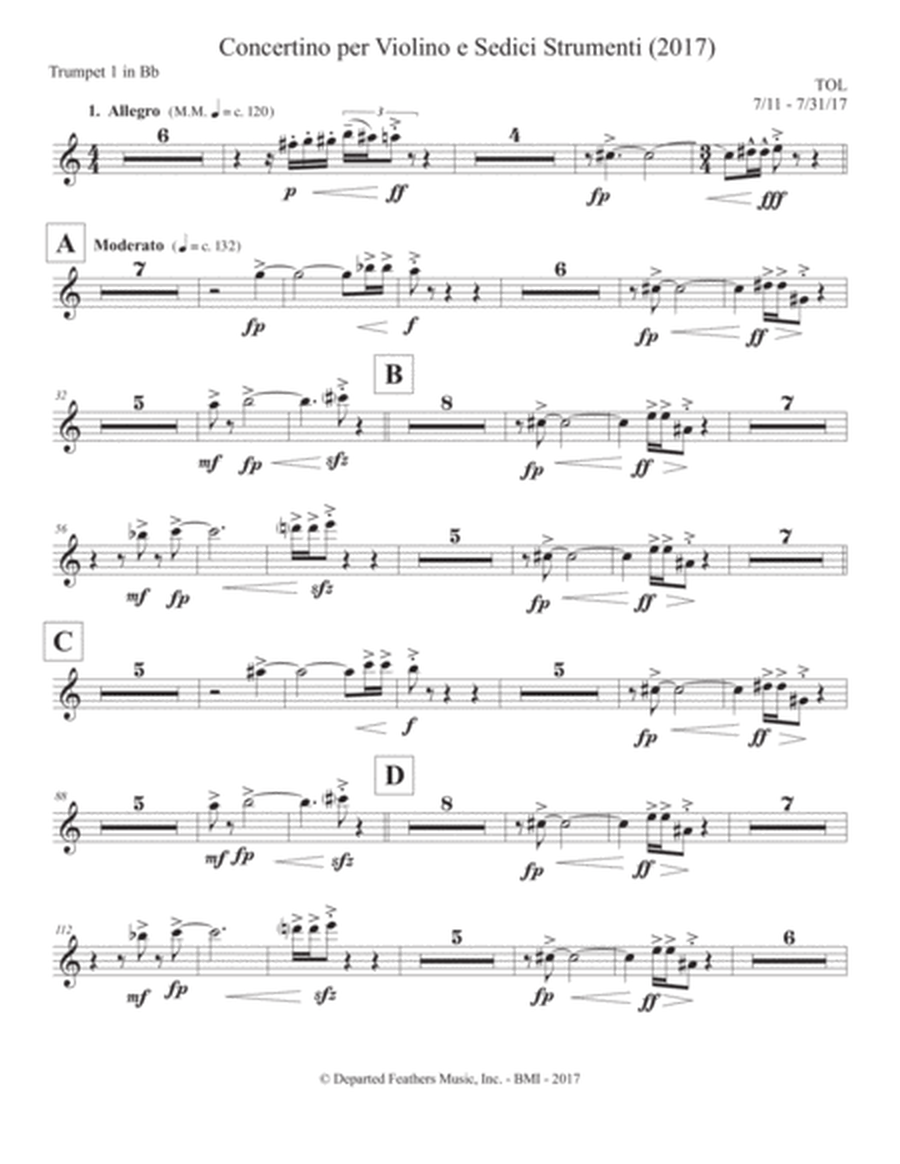Concertino per Violino e Sedici Strumenti (2017) trumpet in Bb part 1