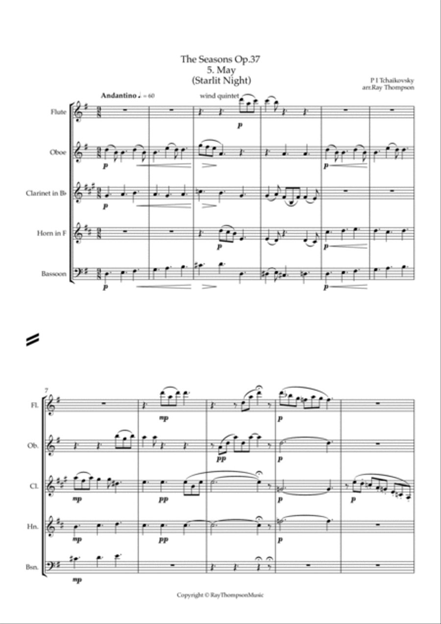 Tchaikovsky: The Seasons Op.37a No.5 May (Starlit Night) - wind quintet Woodwind Quintet scores gallery preview page 2