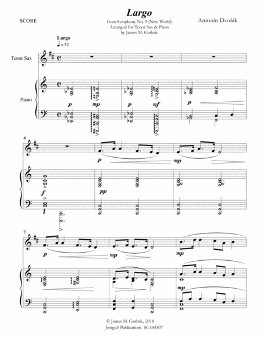 Dvořák: Largo from the New World Symphony for Tenor Sax & Piano Tenor Saxophone scores gallery preview page 1