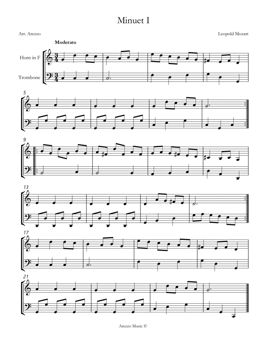leopold mozart notebook for wolfgang minuet I French Horn and Trombone sheet music Brass Duet scores gallery preview page 1