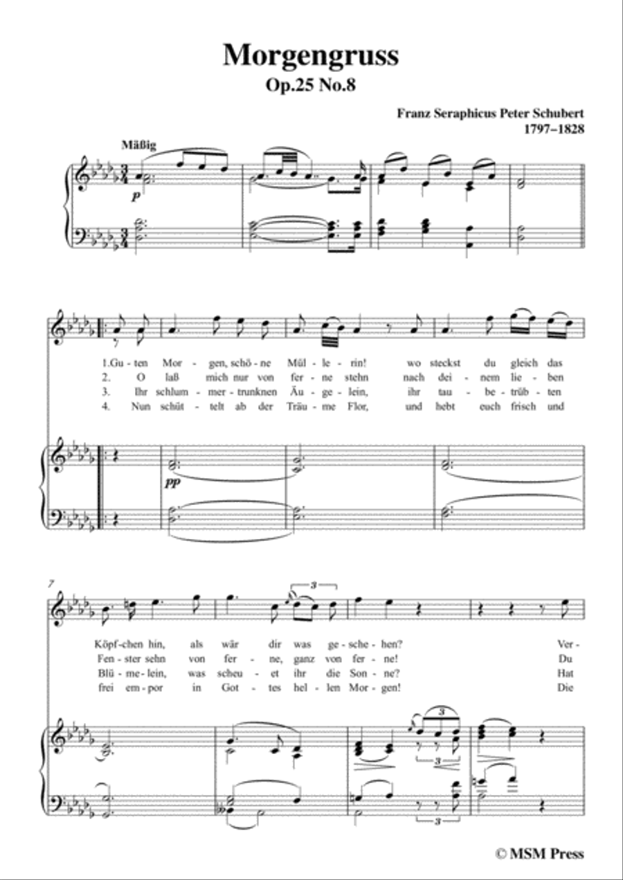 Schubert-Morgengruss,from 'Die Schöne Müllerin',Op.25 No.8,in D flat Major,for Voice&Piano Voice scores gallery preview page 3