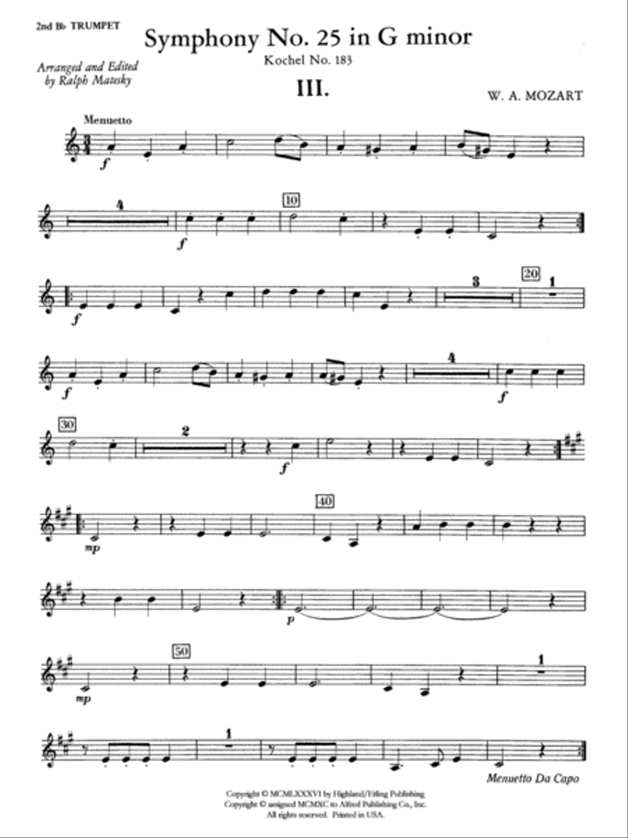 Mozart's Symphony No. 25 in G Minor, 3rd & 4th Movements: 2nd B-flat Trumpet Full Orchestra scores gallery preview page 1