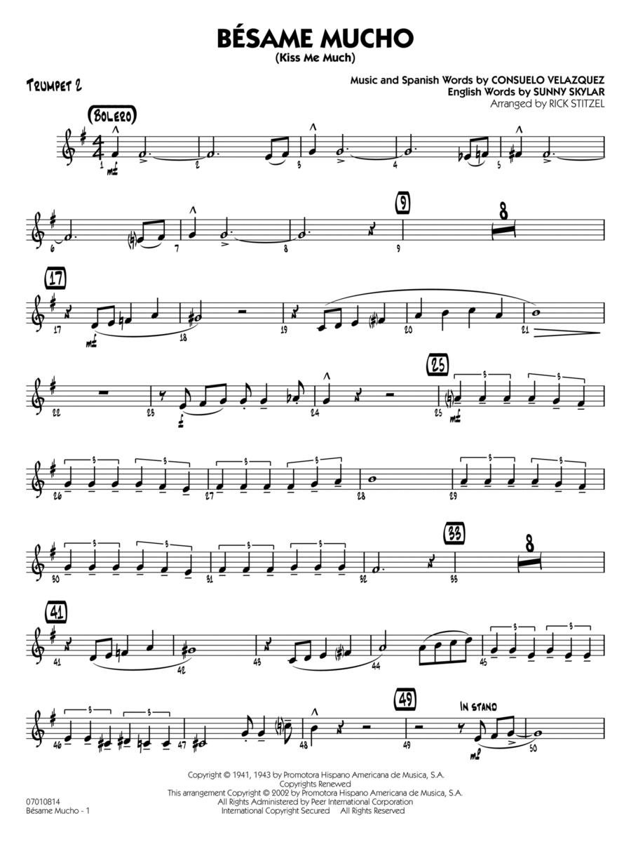Bésame Mucho (Kiss Me Much) (arr. Rick Stitzel) - Trumpet 2