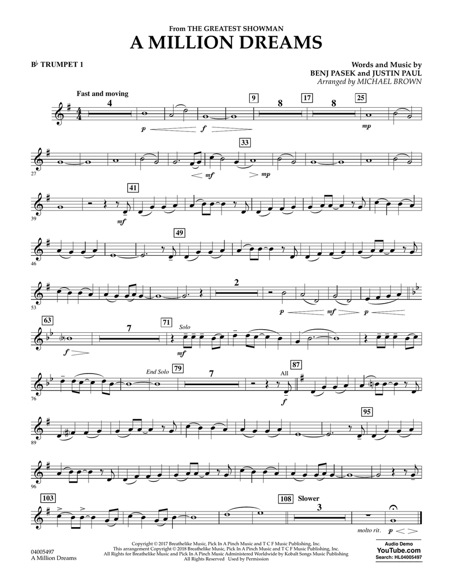 A Million Dreams (from The Greatest Showman) (arr. Michael Brown) - Bb Trumpet 1 Concert Band scores gallery preview page 1