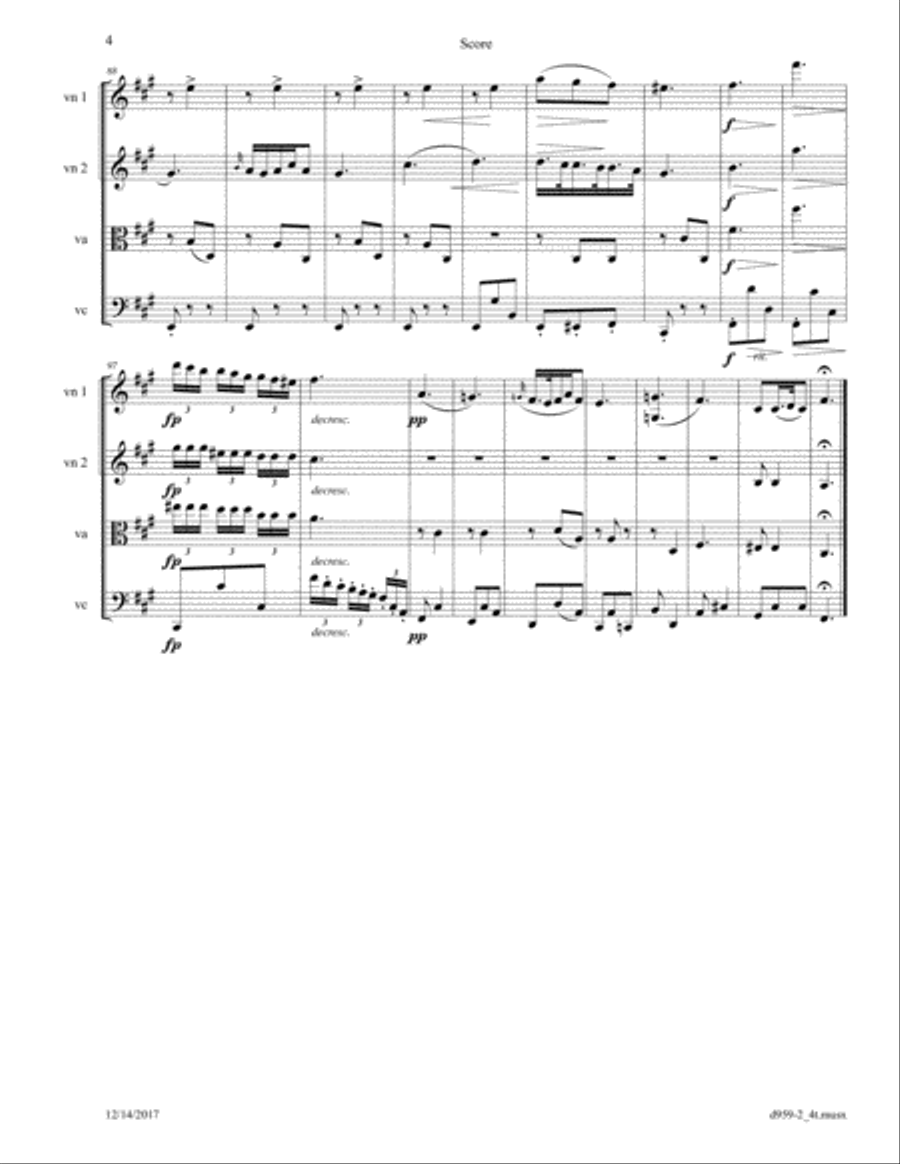 Schubert: Piano Sonata D 959, 2nd Movement arr. for String Quartet String Quartet scores gallery preview page 4