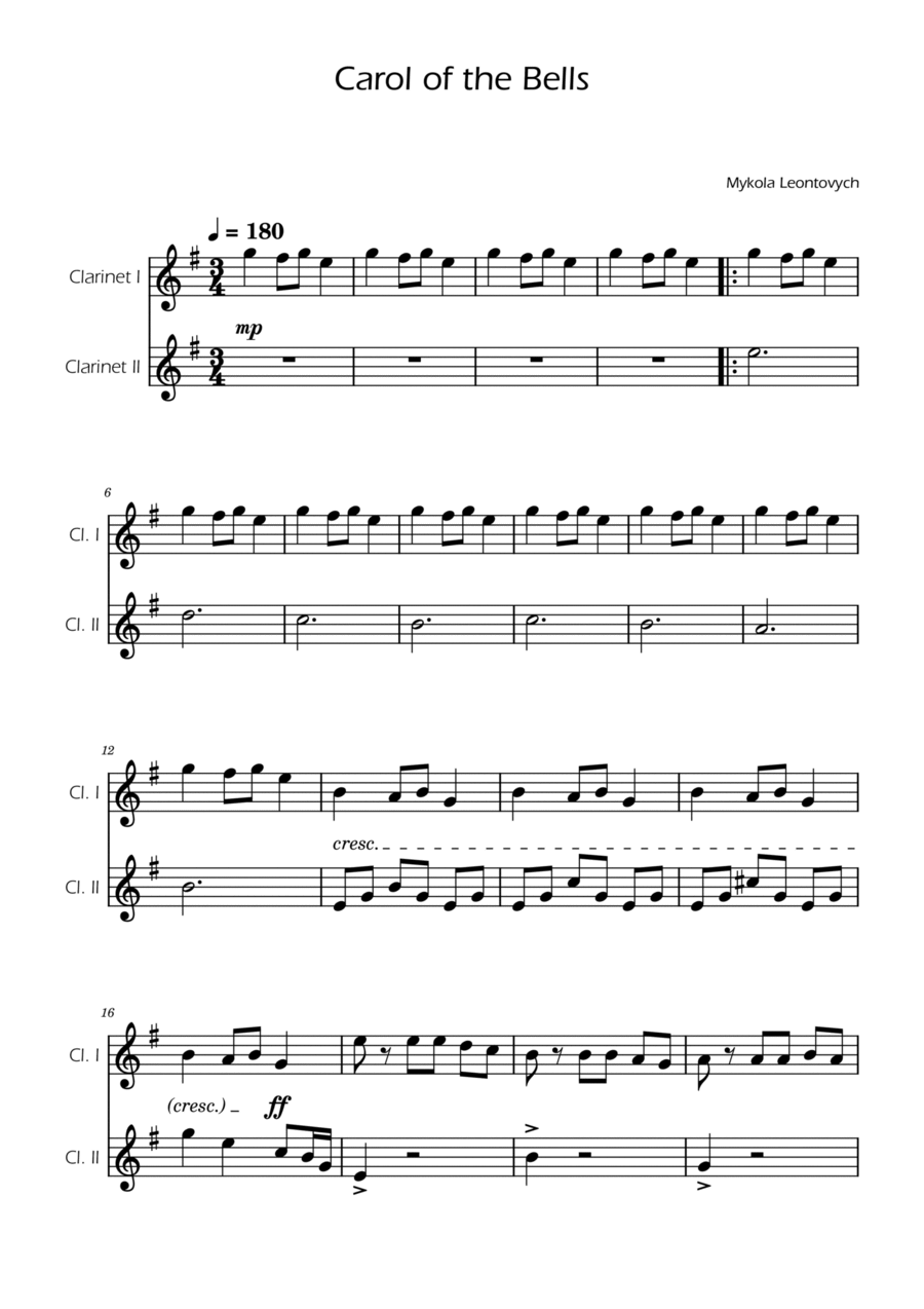 Carol of the Bells - Clarinet Duet Clarinet Duet scores gallery preview page 1
