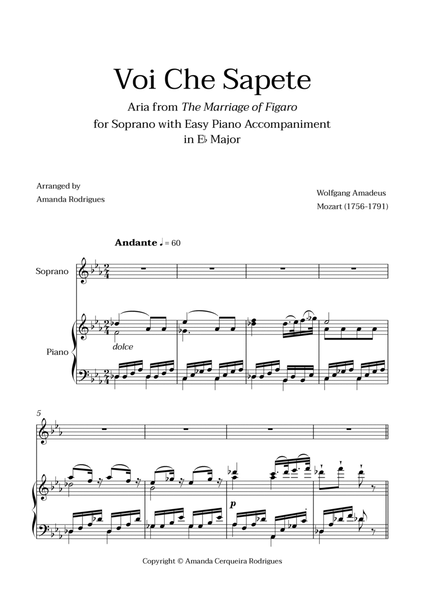 Voi Che Sapete from "The Marriage of Figaro" - Easy Soprano and Piano Aria Duet in Eb Major image number null